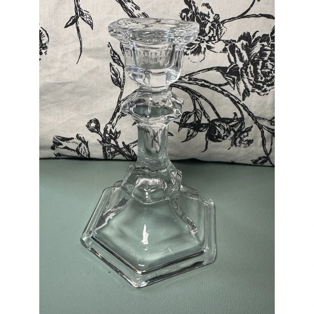 Vintage Clear Crystal Glass Candlestick Multi-Faceted Geometric Stem Hexagonal
